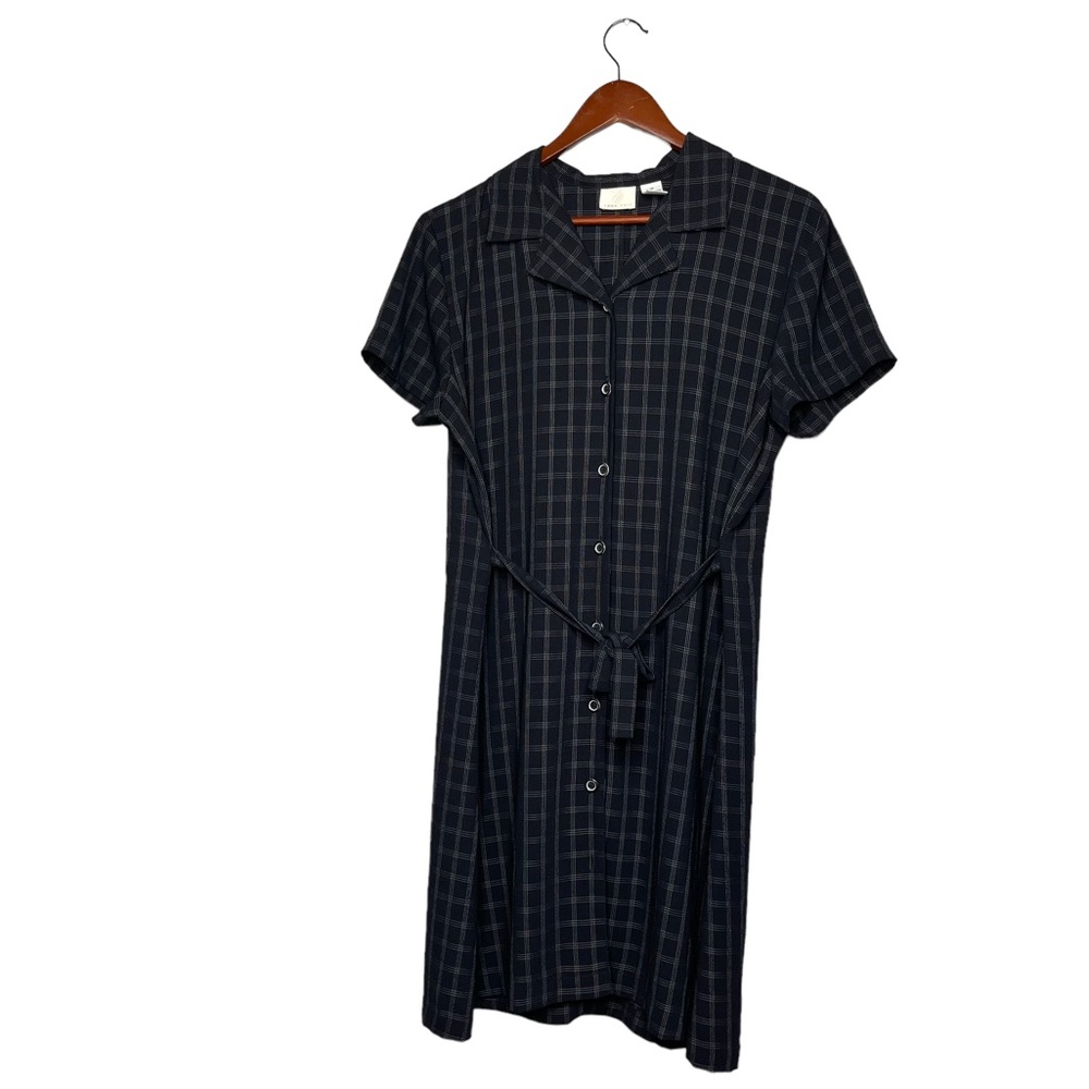 Button-Front Black Plaid Midi Dress with Tie Belt